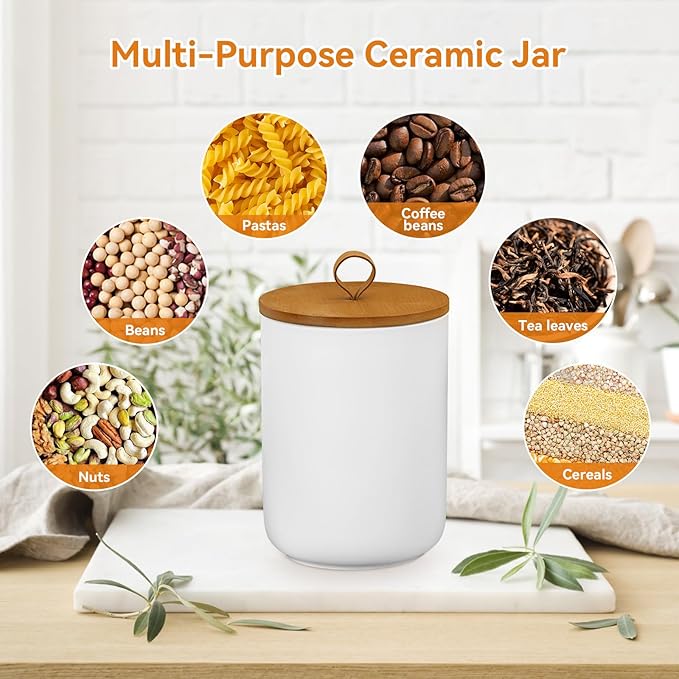 Canister Sets for Kitchen,Ceramic Kitchen Canisters for Countertop with Airtight Wood Lids for Serving Ground Coffee, Tea, Spice, Grains, Sugar, Salt (White Pack of 3 (8.7/27/44 Oz))