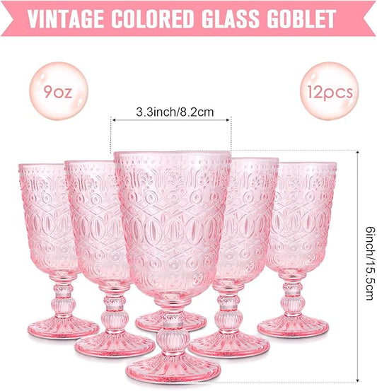 Eaasty Wine Glasses Set of 12 Vintage Goblet 9 oz Vintage Colored Glass Goblet Beverage Stemmed Glass Cups Romantic Embossed Glassware for Wedding Party Holidays Anniversary (Pink)