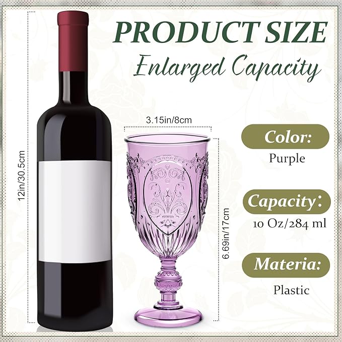 18 Pack Plastic Goblets 10oz Upgrade Vintage Water Goblet Plastic Wine Glasses Colored Retro Embossed Glassware for Party Wine Bar Juice Baby Shower Wedding Reception Grand (Purple)