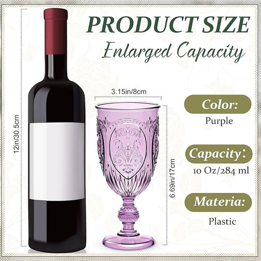 18 Pack Plastic Goblets 10oz Upgrade Vintage Water Goblet Plastic Wine Glasses Colored Retro Embossed Glassware for Party Wine Bar Juice Baby Shower Wedding Reception Grand (Purple)