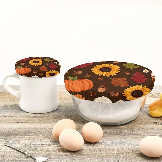 5 Pcs Bowl Covers Reusable in 5 Size Elastic Food Cover Cloth Lids Fresh Keeping Dish Cookware Bakeware Fabric Covers Lids for Food Leftovers Fruits Storage Sunflowers Maple Leaves Pumpkins