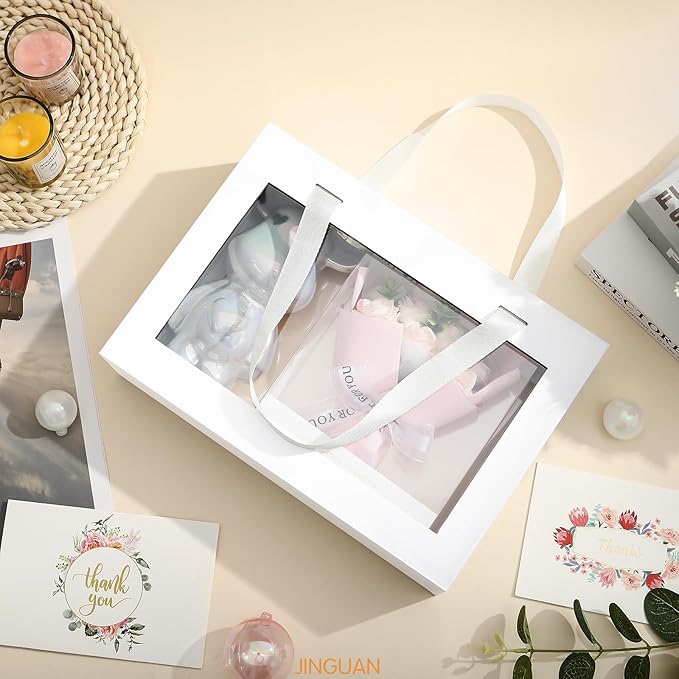 5 White Gift Boxes with Windows, Gift Boxes with Lids and Handles, Clear Magnetic Gift Boxes for Presents, Bridesmaid Proposal Boxes (10.5x7.5x3 Inches