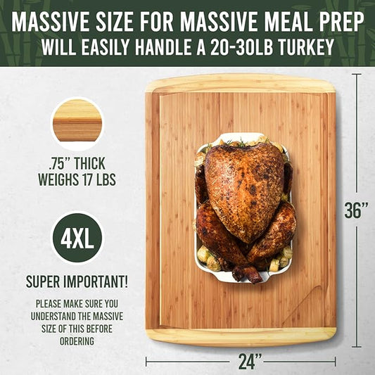 FSC® Certified 36 x 24 Inch Extra Large Bamboo Cutting Board with Lifetime Replacements – 4XL Butcher Block, Oversized Carving & Charcuterie Board, Stovetop Cover for Kitchen Counter Space