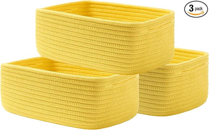 Small Woven Basket, 12 x 8 x 4.5 Inches, Storage Basket for Organizing, Cute Small Rope Shelf Closet Cube Storage Bins Baskets for Shelves, Dog Toy Gift Baskets Empty, 3 Pack Yellow
