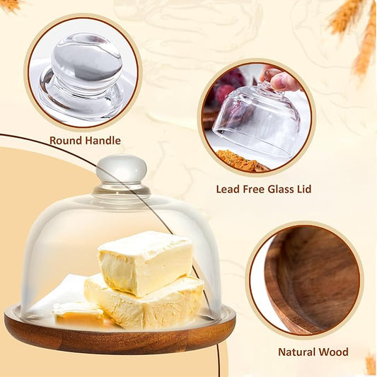 Mini Glass Butter Dish with Lid, Clear Domed Cheese Dish with Handle, Individual Serving Small Butter Tray with Cover, Round Cute Dessert Serving Bowl for Table, Kitchen Countertop, Refrigerator