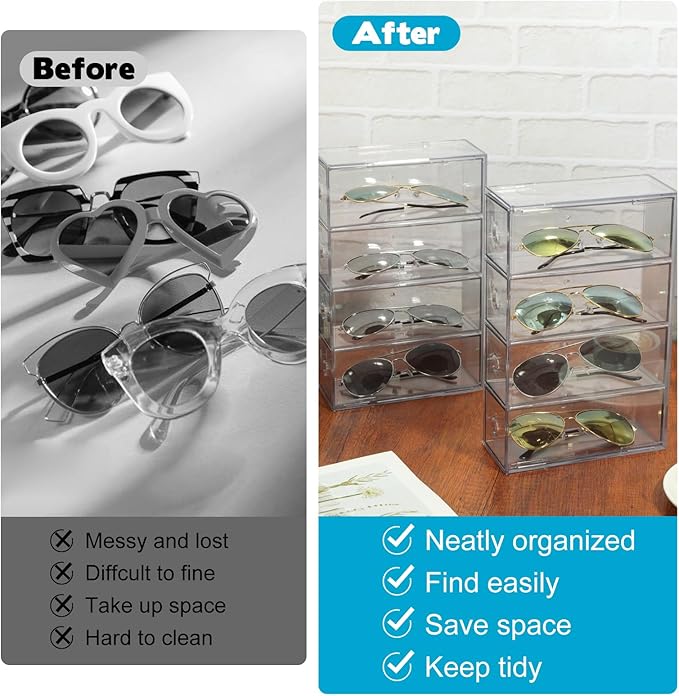 Rainmae 2 Pieces Acrylic Sunglass Organizer, Clear Eyeglasses Case with 4 Drawers for Women Stackable Eyewear Storage Display Case Clear Eyeglass Holder Multiple Pair for Glasses Jewelry Watch Storage