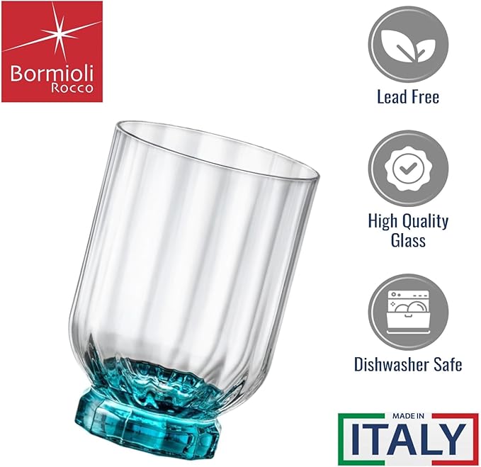 Bormioli Rocco Florian 12.6 oz. Double Old Fashioned DOF Glasses, Lucent Blue, Set of 4
