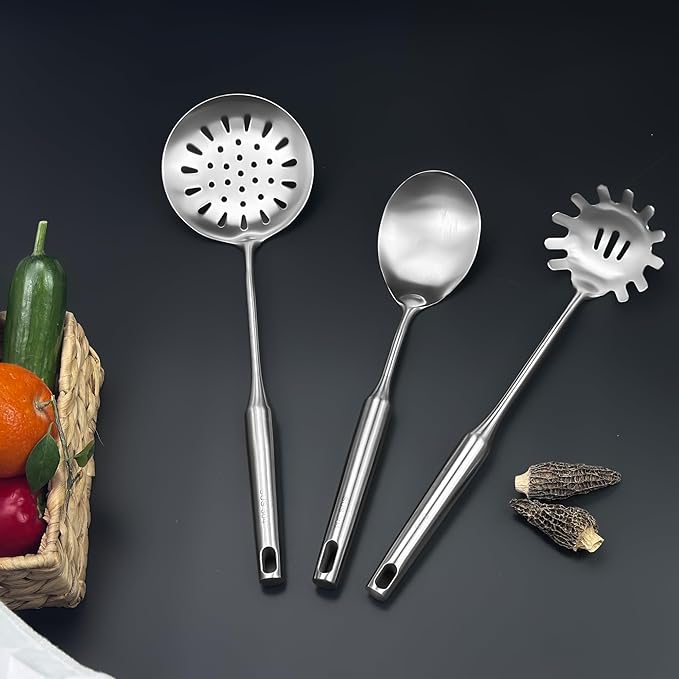 18/8 Stainless Steel Kitchen Utensils Set, 6 PCS 15in Metal Cooking Utensil Gadgets Tools Set with Spatula, Deep Ladle, spoon, Skimmer, Pasta Server, Slotted Spatula Turner, Dishwasher Safe (6Pack)