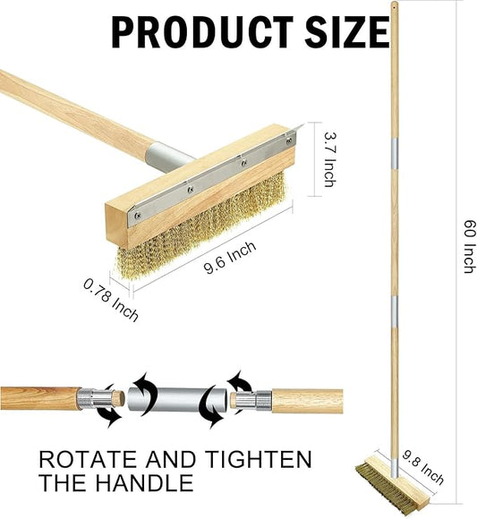 Pizza Oven Brush Brass Bristles with Steel Scraper 60 Inch Long Wood Handle Outdoor Pizza Oven Tool