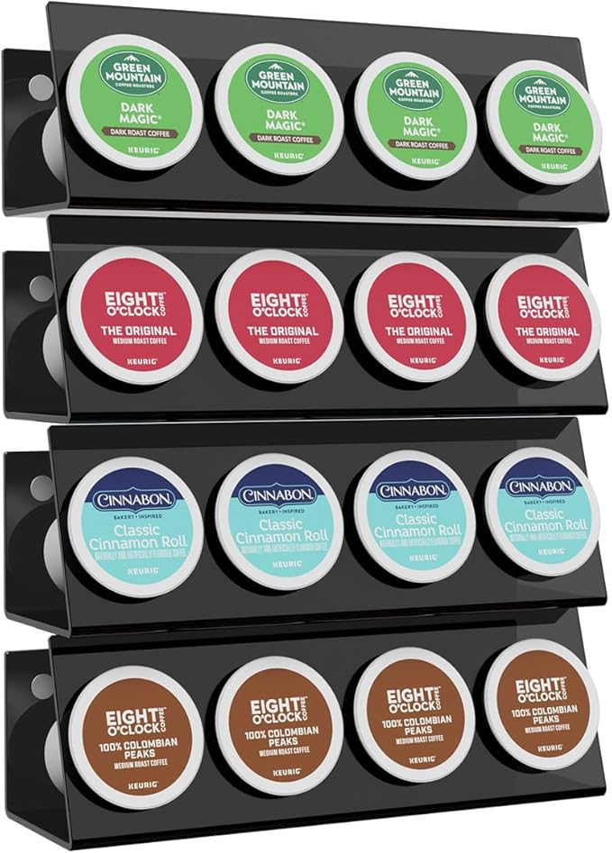 K Cup Holders, Acrylic Coffee Pods Organizer Stand Magnetic & Self-Adhesive for Kitchen Wall, Cabinet, Fridge (4 Pack for 16 Pods)