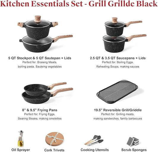 Caannasweis Granite Pots and Pans, Nonstick Cookware Set (Classic Black, 20 Piece Grill Griddle Set)