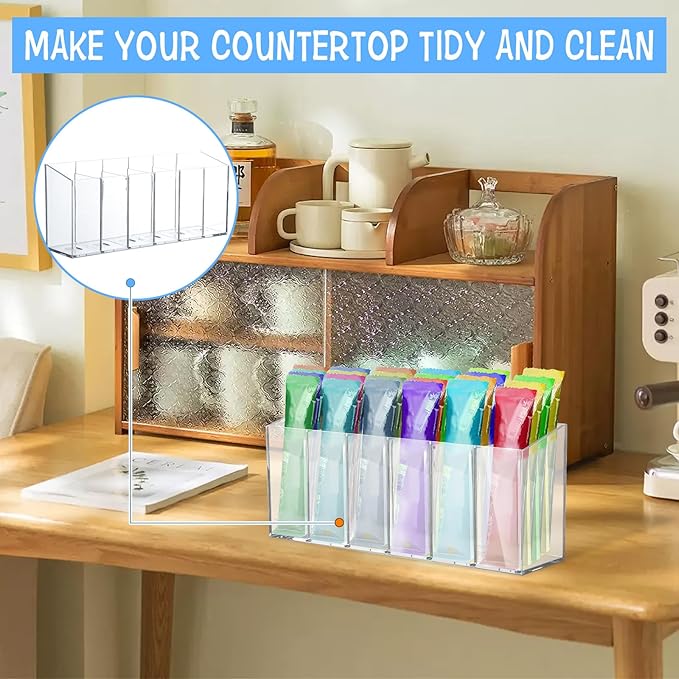 2 Pcs Acrylic Drink Packet Organizer, Mountable Water Drink Packet Holder with Adhesive & Magnetic Sticker, Wall Mount Drink Storage Bins with Removable Divider for Table Refrigerator Cabinets Pantry