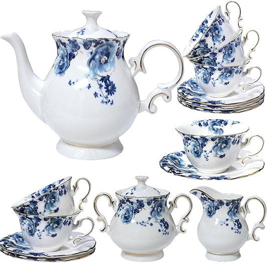 21-Piece Bone China Tea Set for Adults, Blue and White Porcelain Tea Set for 6, Vintage Floral Tea Cup Set With Teapot, Tea Party Sets for Women Gift