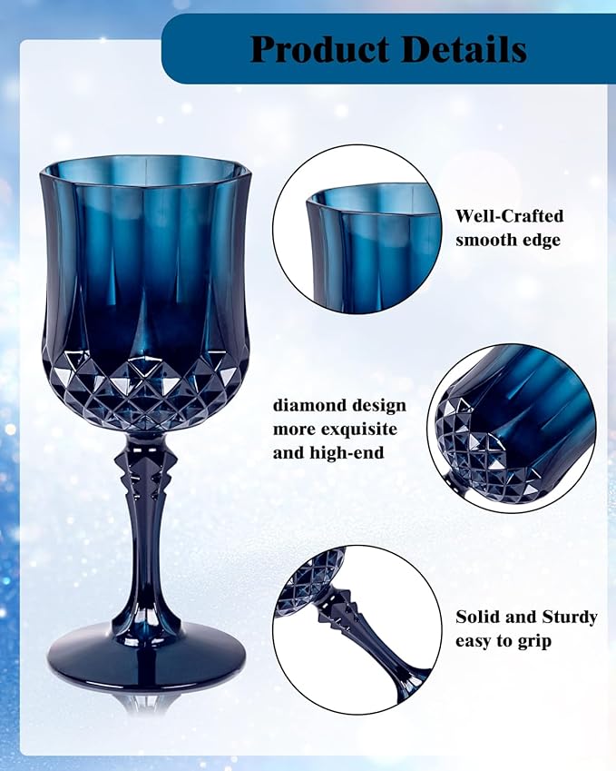 Ciaell 24PCS Blue Plastic Wine Glasses - 7 Oz Plastic Goblets for Party - Blue Vintage Drinking Glasses - Disposable Water Goblets Set for Wedding, Bar, Wine, Beer, Juice, Cocktail & Halloween