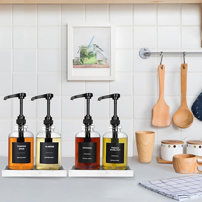 Coffee Syrup Dispenser for Coffee Bar, Glass Syrup Dispenser with Pump, Coffee Syrup Pump Dispenser Bottle with Tray, Spoon for Coffee Station, Coffee Bar Organizer, Black,16.9 oz, 500 ml