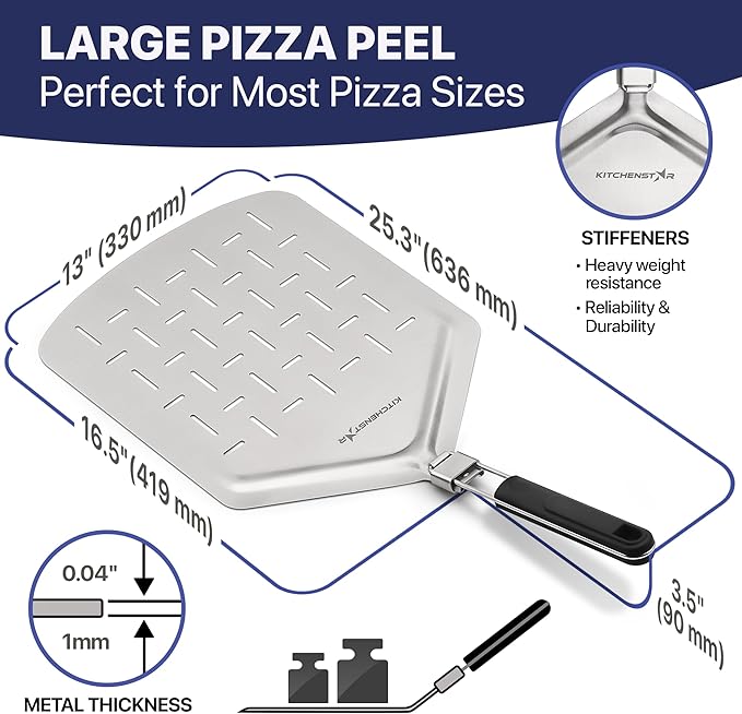 14" Pizza Making Kit (Set of 2) - 14" Pizza Cutter Rocker Knife with Blade Cover + 13" Perforated Stainless Steel Pizza Peel with Folding Handle - Ultimate Pizza Oven Accessories