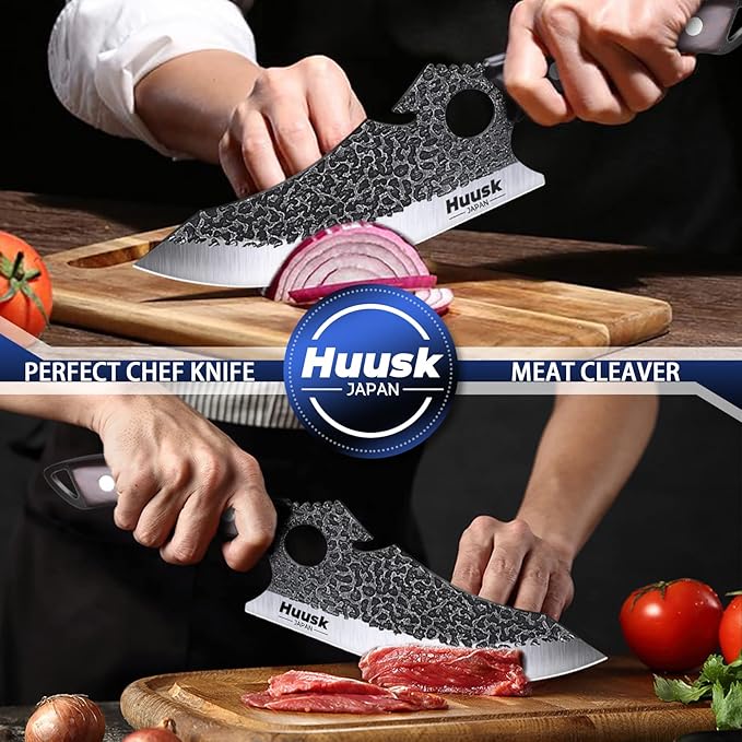 Huusk Japan Knife for Meat Cutting, Caveman Knives for Vegetables Butcher Knives with Full Tang Handle Viking Knives with Opener & Sheath for Kitchen BBQ Camping Outdoor, Gifts for Dad Christmas Gift