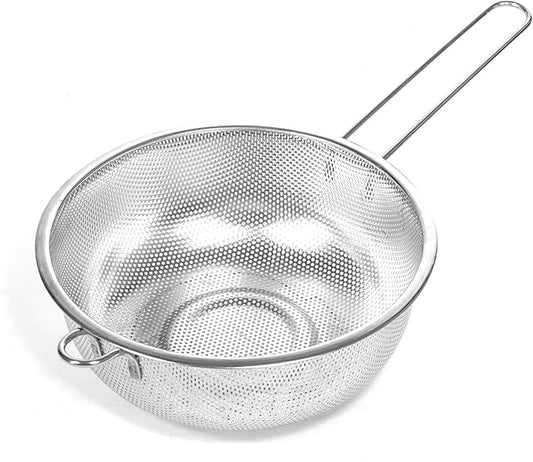 Metal Fine Mesh Strainer and Colander for Kitchen with Handle, Stainless Steel Pasta Strainer/Kitchen Funnel/Collander/Sifter for Strain/Wash Vegetables, Fruits, Spaghetti, Rice (8.6＂)