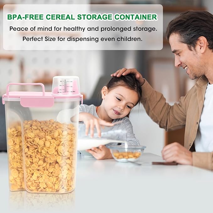 TBMax Rice Container 2 Pack, Airtight Cereal Container Oatmeal Storage with Easy-pouring Spout & Handy Cup for Flour Grain Beans, Pet Dog Cat Bird Food Storage Dispenser-Pink