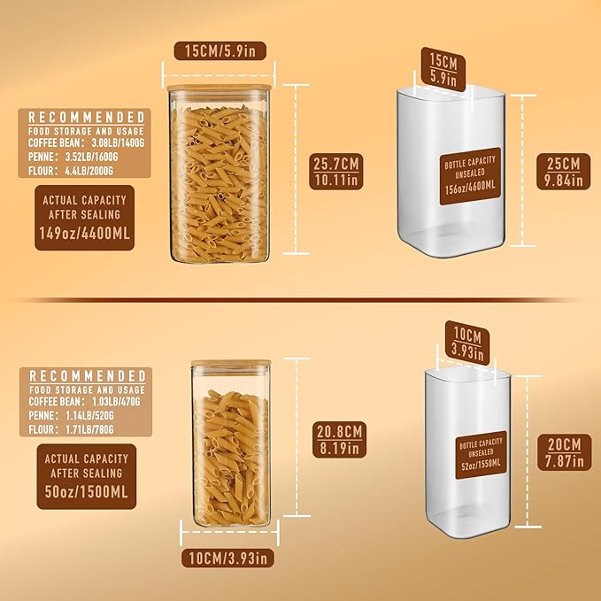 156oz 52oz Airtight Glass Square Storage Canister with Bamboo Lid Set of 2(4600ml*1 1550ml*1) Large Gallon Glass Jars for Sugar, Flour, Cookies and Coffee beans (‎with Black Lable)