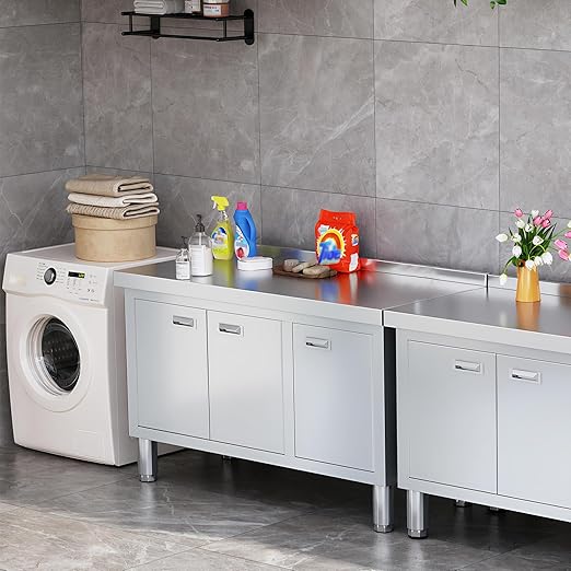 WWK 47" x 21" Stainless Steel Prep Table with Cabinet, Commercial Kitchen Table for Prep & Work, Heavy Duty Work Table with 3 Doors for Kitchen, Restaurant, Hotel, Garage and Cafe