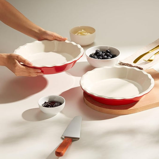 KooK Pie Pan, Ceramic Reusable Round Pie Dish, Quiche Baking Dish, Deep, Wave Edge, For Cakes, Tart, Casseroles, Tarts, Microwave, Oven and Dishwasher Safe, 9-Inch, 36 oz, Set of 2, Cherry