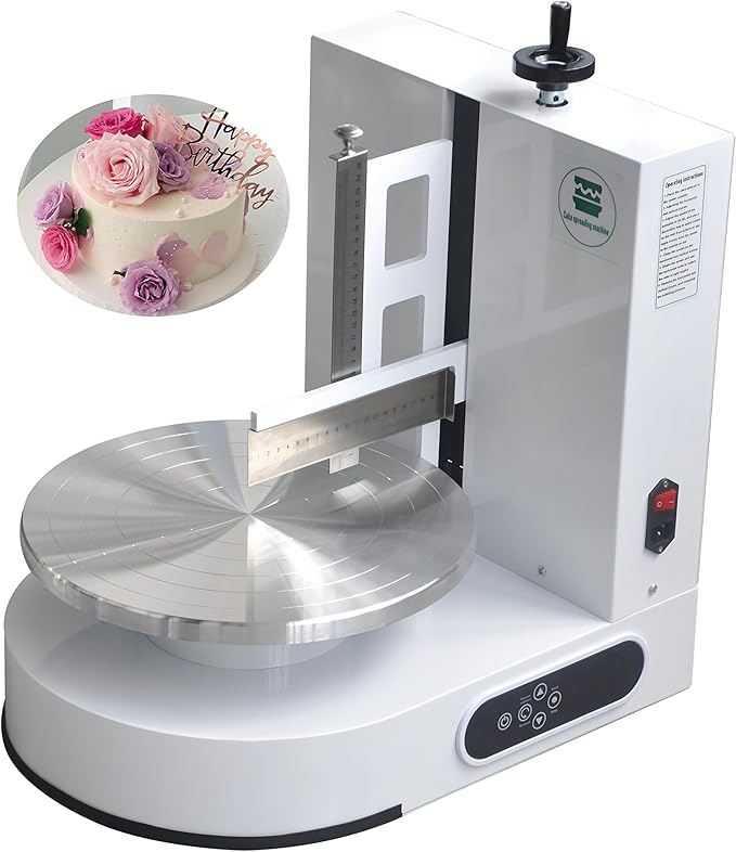 Semi Automatic Birthday Cake Smoothing Coating Machine, AC110V 6-14in Cake Cream Spreading Machine, Cakes Decorating Cream Coating Machine Turntable with Graduated Scraper, Baking Supplies (White)