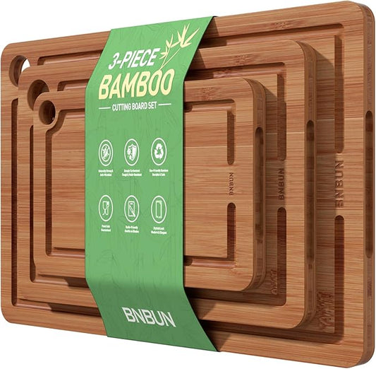 Bamboo Cutting Board for Kitchen, Wood Cutting Board 3 Piece Set with Non-Slip Mat Deep Juice Groove and Built-In Handles, Wooden Cutting Boards for Meat Vegetables Fruit for the Home