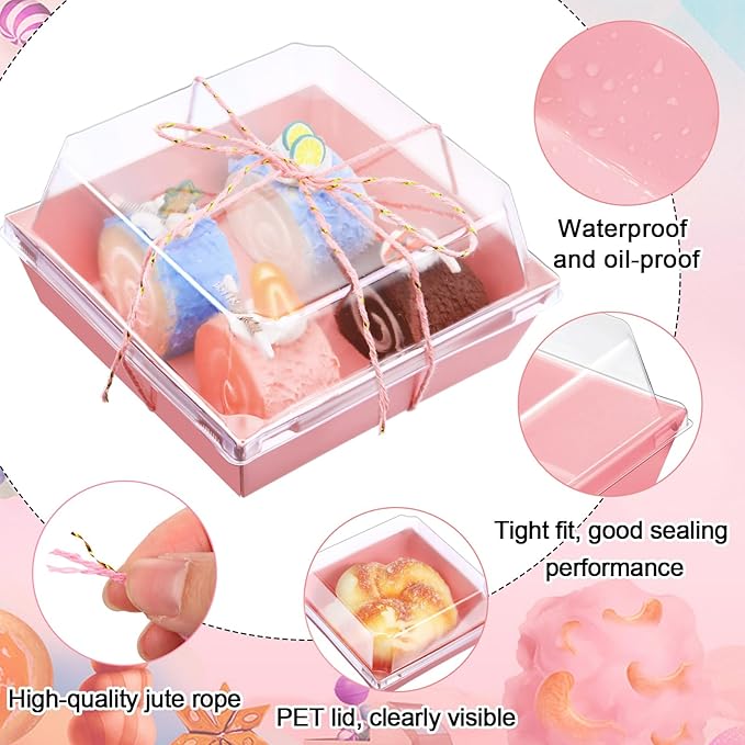 Ctosree 100 Pcs Paper Charcuterie Boxes with Clear Lids 4.5 Inches Disposable Cake Square Dessert Container Bakery Boxes Bundle with Rope for Food Cake Slice Cookie Sandwich Dessert(Pink)