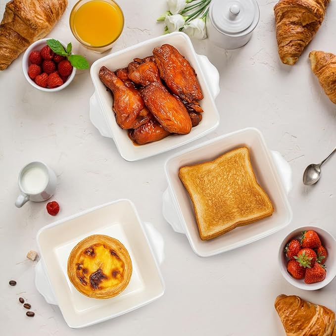 6 Pack 13 OZ Ceramic Baking Dishes, 4.5" Mini Square Bakeware Set, Small Baking Pan with Handle, Individual Casserole Dish for Oven, Roasting, Lasagna, Pie, Gratin, Microwave Safe, White