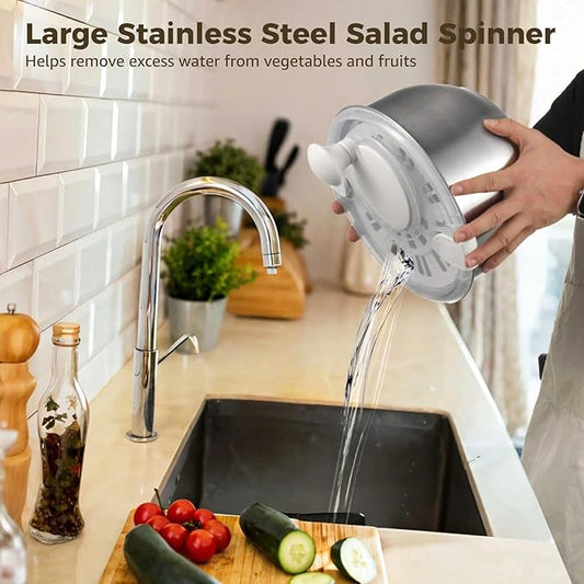 Vegetable Lettuce Spinner Strainer Set, Large Fruit Straining Spinner, Stainless Steel Salad Spinner With Lid Self-Locking