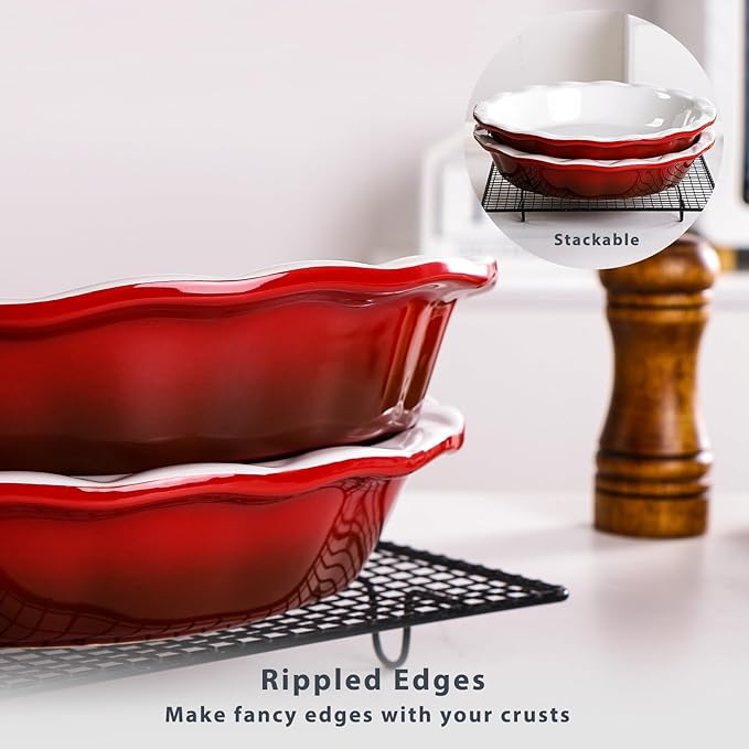 Lareina Deep Dish Pie Pan for Baking, 9 Inch Ceramic Fluted Pie Dish for Apple, Quiche, Pecan, Pot Pies, 53 Ounce Round Pie Plate, Gift for Thanksgiving, Set of 2, Red