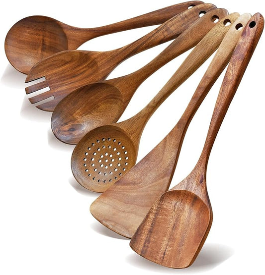 Wooden Spoon Set-6 Piece Wooden Cutlery-Daily Wooden Cutlery Cooking Spoon-Natural Teak Kitchen Set-Teak Cooking Utensils with Smooth Non-Stick Surface-For use in the kitchen when cooking
