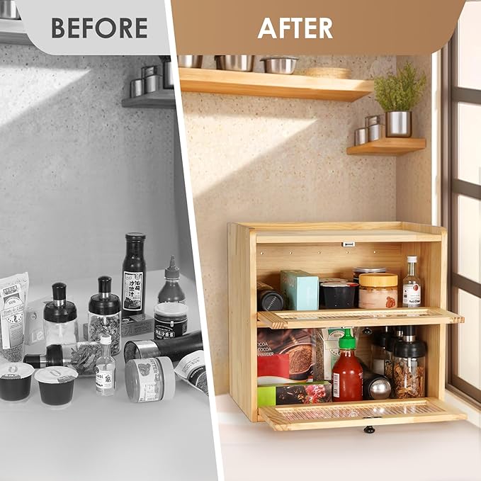 Sunhoo Bread Box for Kitchen Countertop Wooden Bread Storage Container Bin 2 Layer Breadbox Holder Large Capacity Keeper Vintage Farmhouse Food Organizer Pantry Shelf Acrylic Window（Wood color）