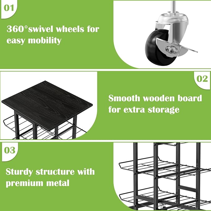 smusei Water Bottle Organizer 3 Tier Free Standing Storage Rack Mobile Beverage Snack Cart with Wheels, Bottled Water Rack for Floor Metal Drink Shelf Stand for Pantry Living Room