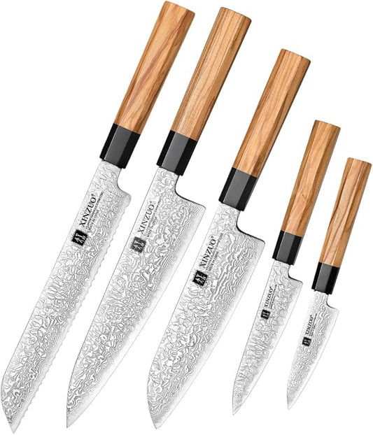XINZUO 5 Pieces Kitchen Knife Set without Block, Hand Forged 67 Layers Damascus Steel Professional Chef Knife Set,Ultra Sharp,Olive Wood Octagonal Handle