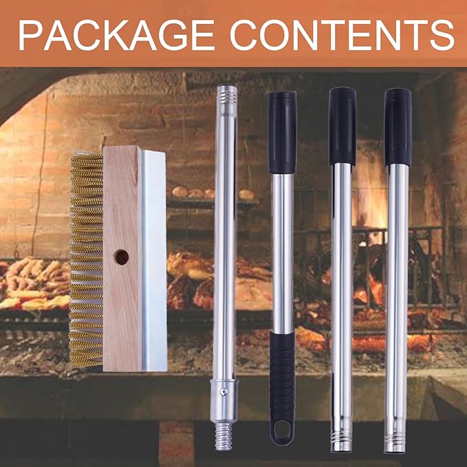 Aluminum Pizza Oven Brush, Grill Brush, Wire Brushes, with Scraper and 4 Sections of Detachable Long Rod Design for Commercial Cleaning, Kitchens, Restaurants, BBQ Shelf Or Any Grill