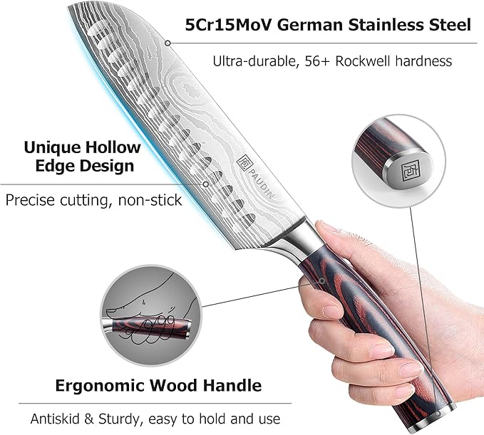 PAUDIN Santoku Knife, 7 Inch Kitchen Knife, Ultra Sharp Edge - Forged High Carbon German Stainless Steel, Professional Chef Knife with Ergonomic Handle, Gifts for Men and Women