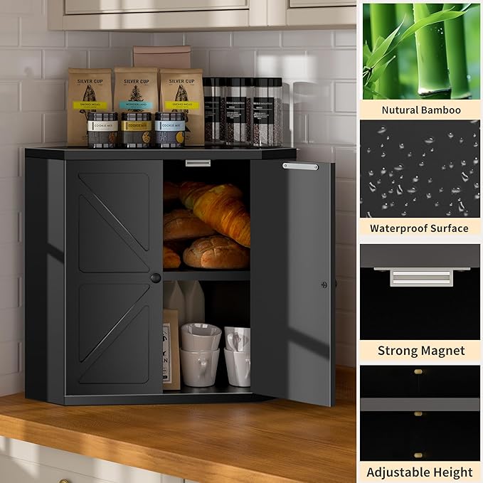 Corner Bread Box for Kitchen Countertop,Storage Container for Homemade Bread, Double Layer BreadBox, Large Capacity Bread Storage Bin, Vintage Farmhouse Breadbox Organizer,Black