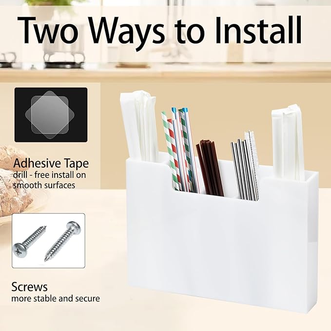 Acrylic Straw Organizer Holder for Counter Cabinet, 5 Slot Straw Dispenser with 2 Installation Methods for Kitchen Café Bar, White