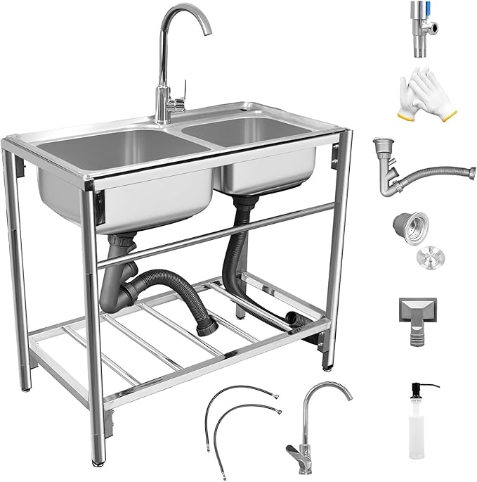 Commercial Stainless Steel Double Bowl Kitchen Sink, Outdoor Utility Sink with Hot and Cold Faucet, Free Standing Restaurant Sink for Restaurant, Kitchen, Laundry, Garage, Cafe, 31.5" x 16.9" x 29.5"