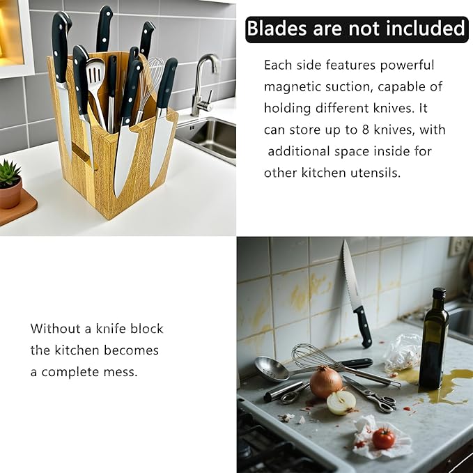 Magnetic Wooden Knife Block for Kitchen without Knives - 360° Rotating Knife Holder with Strong Enhanced Magnets Extra Large Capacity Knife Storage Organizer for Knives Utensils