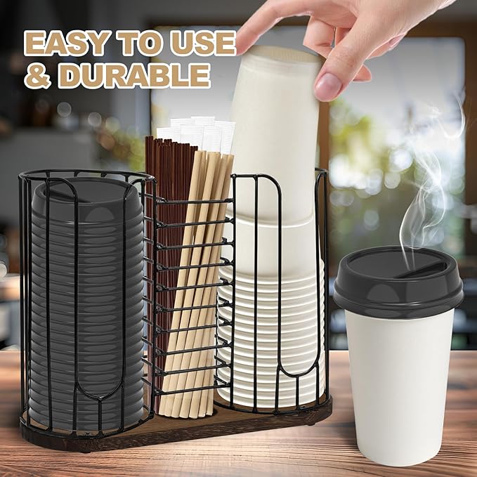 3-Compartment 18oz Coffee Cup Dispenser Rack with Wood Base, Disposable Cup, and Lid Organizer for Countertop - Perfect for Paper Cups, Straws, and Kitchen Cabinet Storage