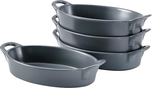 Bruntmor 8" x 5" Oval Porcelain Ceramic Deep Dish Pie Pan Set of 4, Double Handle Au Gratin Baking Dishes, Oven Safe Roasting Lasagna Pan For kitchen- Gray