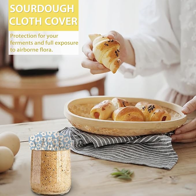 Sourdough Starter Jar Covers,5-Pack Reusable Retro Groovy Flowers Floral Blue Cloth Lids for 3-4 Inch Jars,Ideal for Kombucha Kefir or Cheese Fermentation