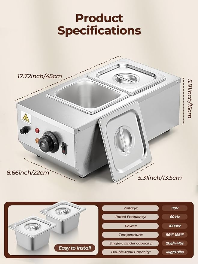 Chocolate Tempering Machine, 2 Tanks Chocolate Melting Pot, 86~185℉ Chocolate Warmer, 1000w Commercial Chocolate Melting Machine, Stainless Steel Electric Commercial Food Warmer For Milk Coffee Cheese