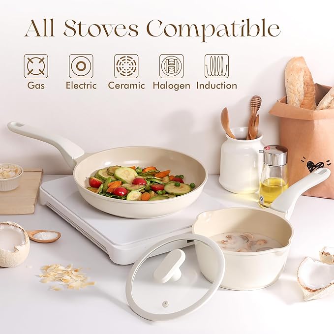 PRICUSIS Ceramic Nonstick Saucepan with Lid, 2 Quart Non Toxic Pot with Pour Spouts, Full Coated, 100% Dishwasher Safe, Induction Compatible & Oven Safe, PTFE PFAS & PFOA Free, Coconut White