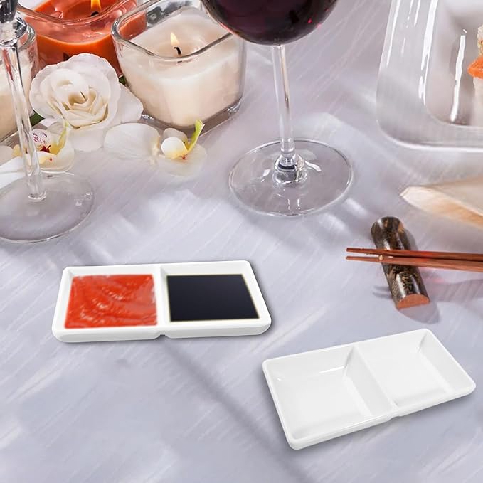 16 Pcs Dual Dipping Sauce Bowls with Two Compartments Melamine Soy Sauce Dish Divided Fondue Plates Party Trays for Kitchen Sushi Restaurant (White)