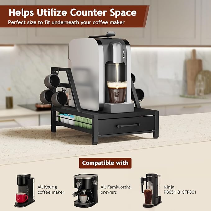 K Cup Holder Drawer - K Cup Storage Organizer, Coffee Pod Drawer with Hooks, Durable Iron-Wood Design, Space-Saving Coffee Station Organizer for Kitchen Counter
