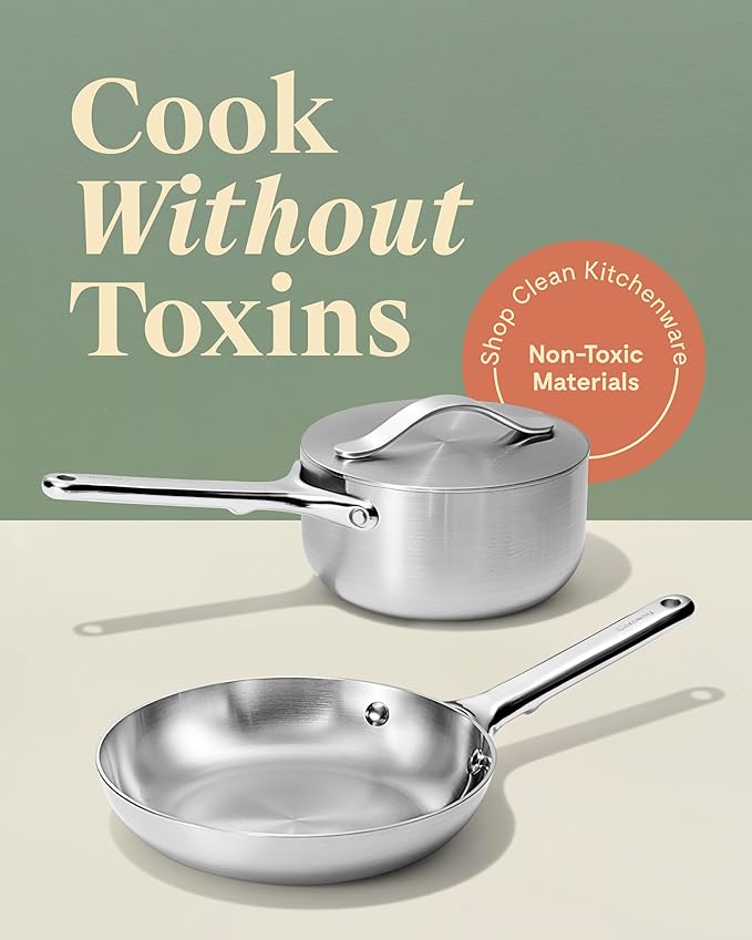 Caraway Stainless Steel Mini Duo - 5-Ply Stainless Steel Fry Pan (8 In) & Sauce Pan (1.75 Qt) - Oven Safe & Stovetop Agnostic - Non Toxic, PTFE & PFOA Free